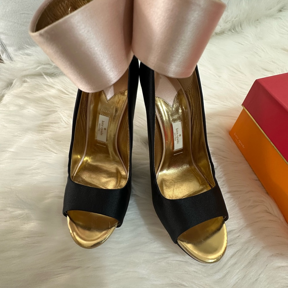 KATE SPADE GRANDE BOW BLACK SATIN PEEP TOE STILETTO HEELS SIZE 8 NARROW NO BOW - Picture 7 of 8